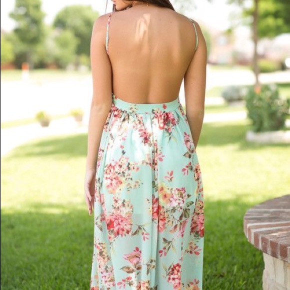 New mint floral open back maxi dress - Picture 2 of 2